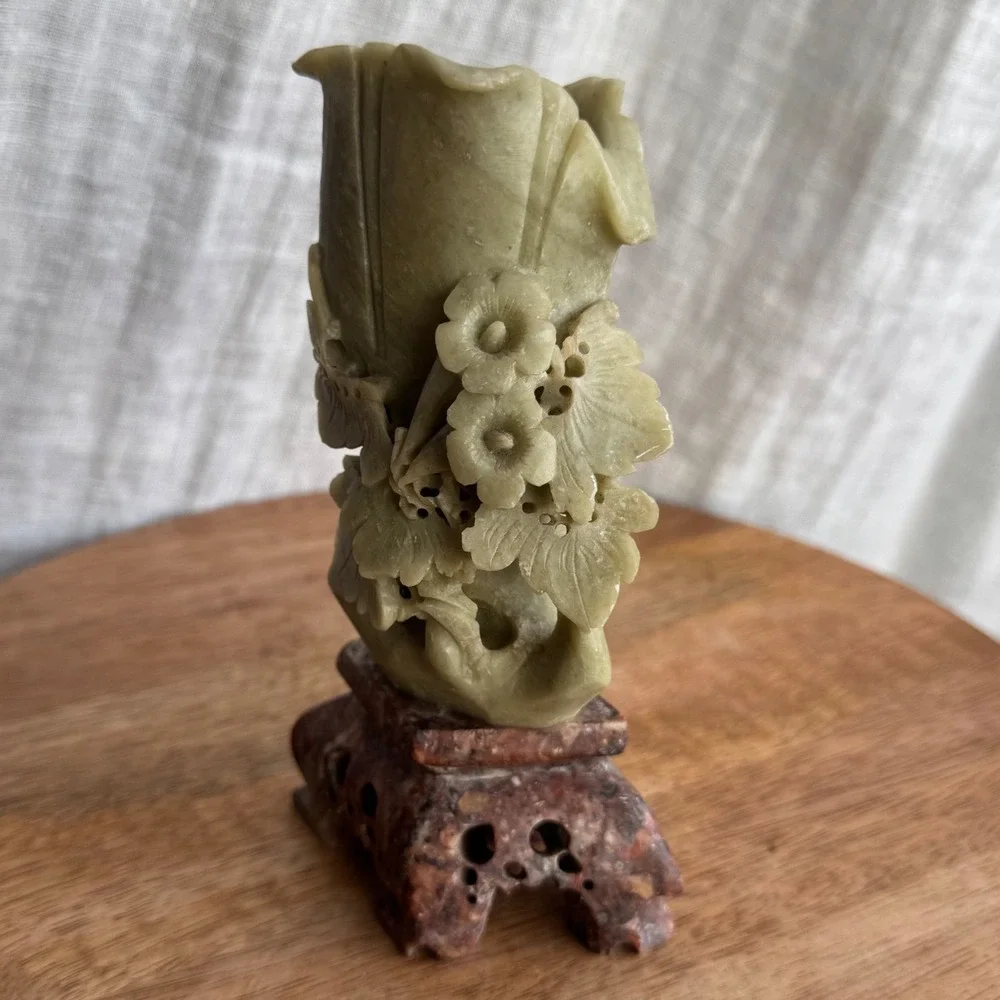 Vintage Hand Carved Soapstone Floral Vase 6